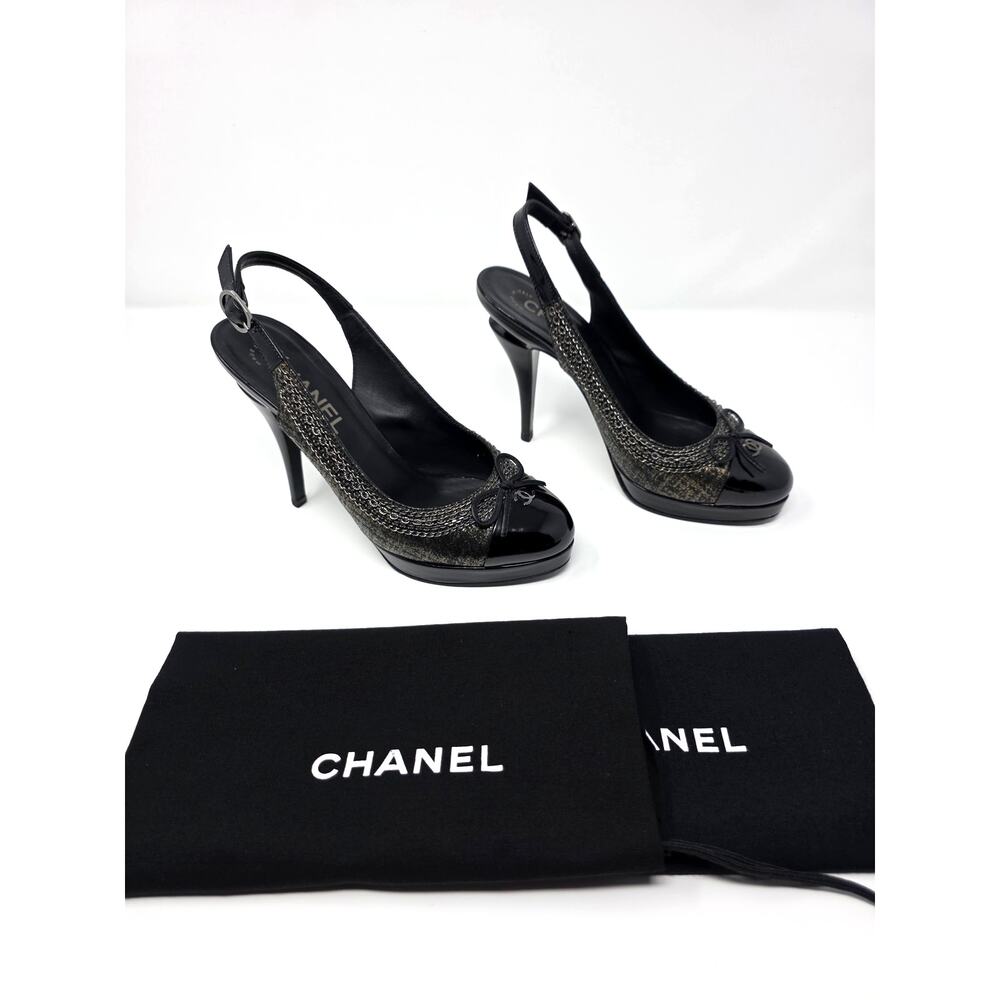Chanel Slingback Platform Vintage Heels Cap Toe CC Logo Bow Chain Black 36.5 6 - Picture 2 of 10